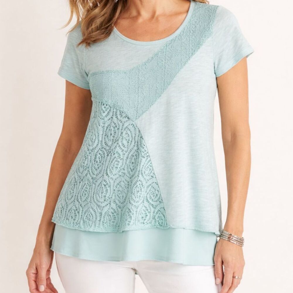 Chico's Teal Mixed Media Top Size Medium